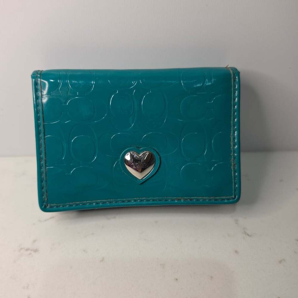 Coach Signature Patent Leather Heart Snap Card Case Wallet Teal